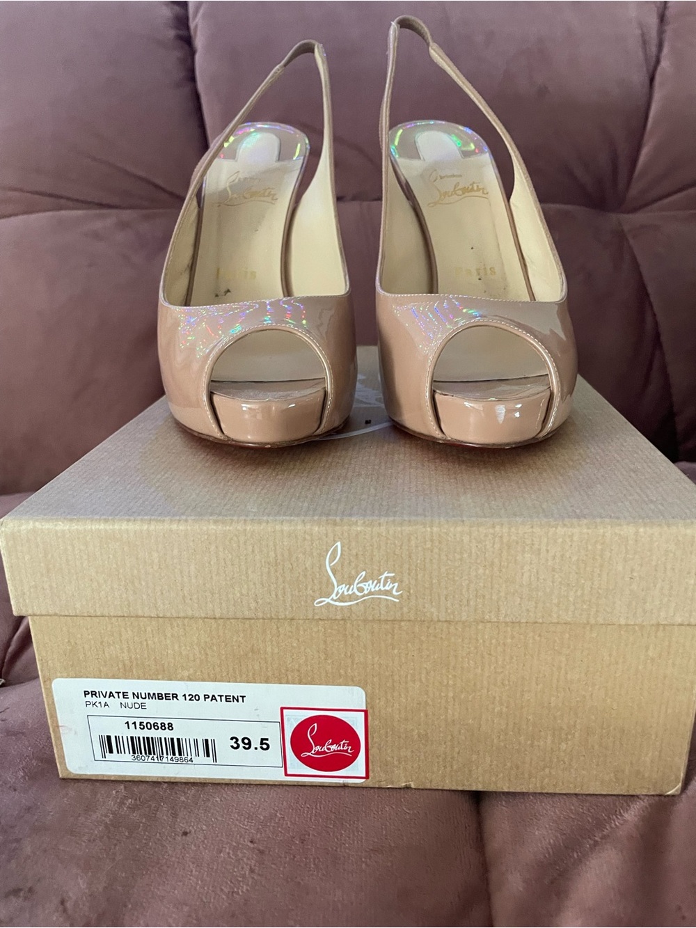 Christian Louboutin Private Number 120 Nude Patent Slingback Heels 39.5